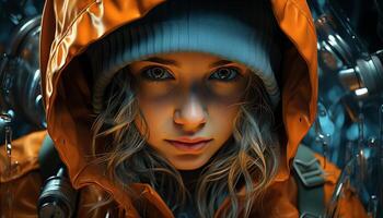 One young woman smiling, looking at camera, outdoors in rain generated by AI photo