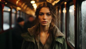 Young woman looking at camera, confident, standing in underground generated by AI photo