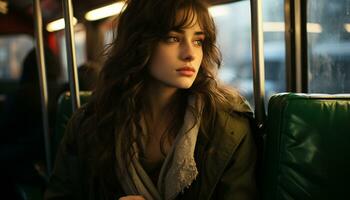 Young woman sitting in bus, looking at camera with confidence generated by AI photo