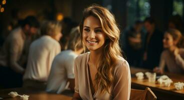 Smiling young women sitting at table, looking at camera generated by AI photo