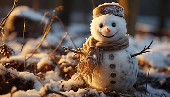 Winter celebration Smiling snowman decorates outdoors, bringing joy and cheer generated by AI photo