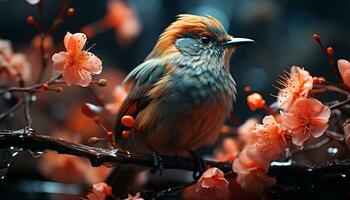 A small bird perching on a branch, surrounded by blossoms generated by AI photo