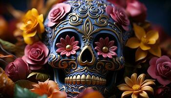 Day of the Dead celebration colorful masks, ornate decorations, smiling faces generated by AI photo