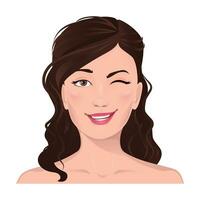 Face portrait of women with brown hair. Facial expression with smiling gesture isolated vector illustration. Avatar for a social network. Vector flat illustration, web, design, beauty and make up.