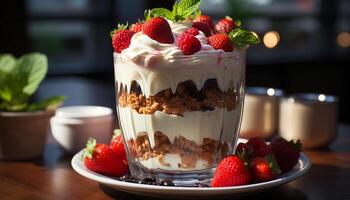 Fresh strawberry dessert on wooden table with whipped cream and mint generated by AI photo