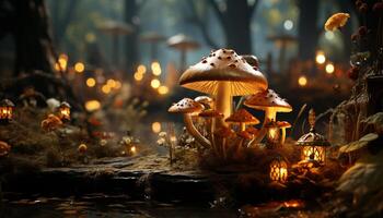 Autumn forest glows with cute, glowing mushrooms on wet wood generated by AI photo