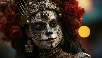 joven adulto mujer en tradicional día de el muerto disfraz generado por ai foto