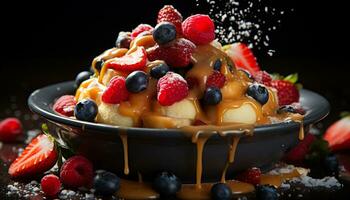 Fresh blueberries and strawberries on a homemade chocolate pancake generated by AI photo