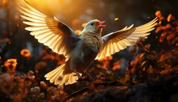 uno pequeño pájaro volador en el brillante verano luz de sol generado por ai foto