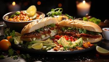 Grilled meat, fresh vegetables, gourmet sauce on homemade bun generated by AI photo