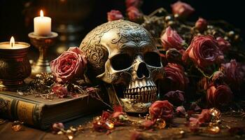 escalofriante Víspera de Todos los Santos mesa vela, cráneo, libro, flor, oscuro celebracion generado por ai foto