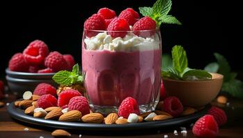 Fresh fruit bowl with yogurt, granola, and mint leaf garnish generated by AI photo