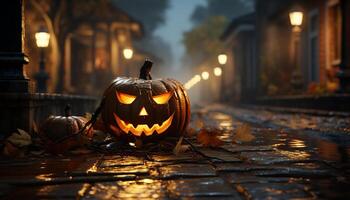 Halloween night, spooky lanterns glow, autumn dark celebration generated by AI photo