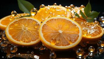 Fresh citrus fruits on a wooden table, vibrant and juicy generated by AI photo