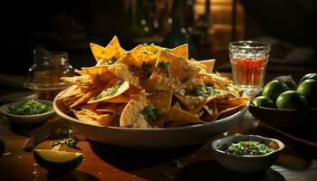 gastrónomo mexicano bocadillo guacamole taco con crujiente tortilla chip generado por ai foto