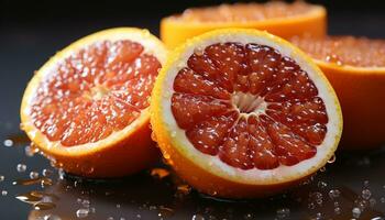 Fresh citrus fruit slice, juicy and vibrant, part of healthy meal generated by AI photo