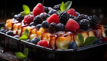 Fresco baya postre en madera mesa, un dulce verano indulgencia generado por ai foto