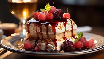 un fresco, gastrónomo postre plato con frambuesa y chocolate generado por ai foto