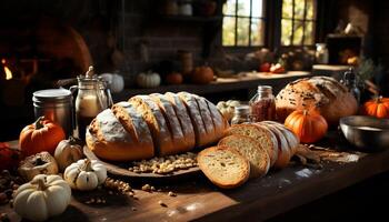 Fresh homemade pumpkin bread on rustic wooden table in autumn generated by AI photo