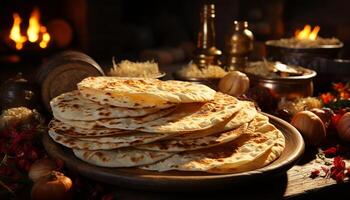 A rustic plate of homemade bread and pancake stack generated by AI photo