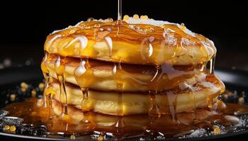 Freshly cooked pancakes stacked high with syrup and butter generated by AI photo