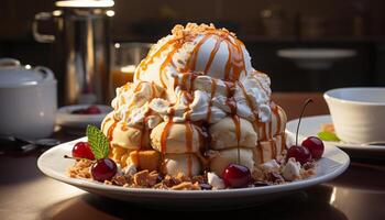 Fresh fruit dessert on wooden plate with whipped cream topping generated by AI photo