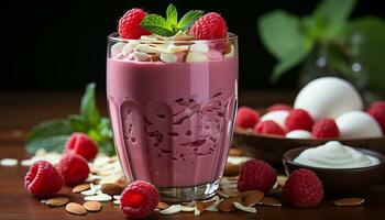 Freshness in a glass Raspberry yogurt milkshake with mint leaf generated by AI photo