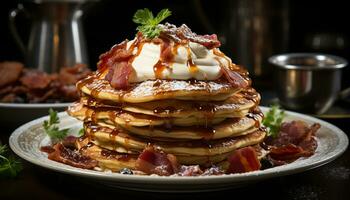 Stack of homemade pancakes with syrup and fresh berries generated by AI photo