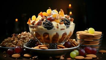 Healthy eating fresh fruit, yogurt, granola, almond, and honey parfait generated by AI photo