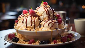 A gourmet dessert plate with raspberry ice cream and chocolate generated by AI photo