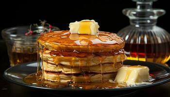 A stack of homemade pancakes with sweet syrup and butter generated by AI photo