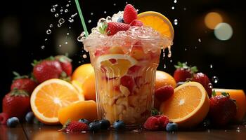 Freshness of summer fruits strawberry, raspberry, orange, blueberry, lemon generated by AI photo