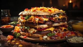 Grilled beef burger with fresh tomato, onion, and gourmet cheese generated by AI photo