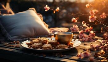 Wooden table with a plate of homemade cookies and coffee generated by AI photo