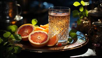 Fresh fruit cocktail on wooden table, a refreshing summer drink generated by AI photo