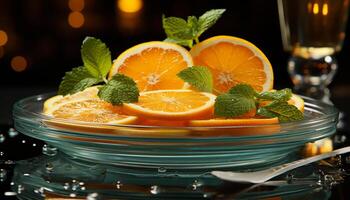 Freshness of citrus fruit and mint leaf in a refreshing drink generated by AI photo