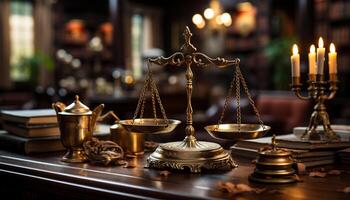 An antique brass scale symbolizes justice and equality in law generated by AI photo