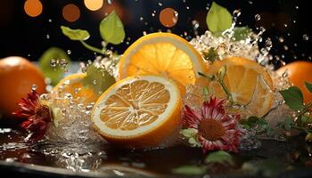 Freshness of lemon slice on wet leaf, nature vibrant refreshment generated by AI photo