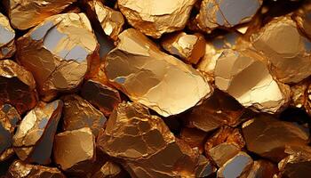 Shiny gold backdrop with abstract pattern, close up of metallic rock generated by AI photo