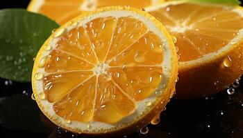 Freshness of citrus fruit, slice of lemon, wet drop, nature refreshment generated by AI photo