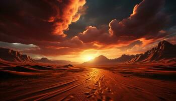 Majestic mountain range, tranquil sunset, orange sky, sandy landscape generated by AI photo