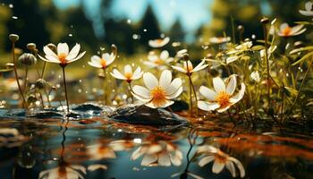 A beautiful yellow flower blossoms in a tranquil pond reflection generated by AI photo