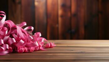 Wooden table with a rustic plank backdrop, celebrating love and nature generated by AI photo