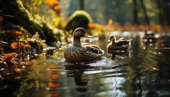 un hermosa Pato familia graznando por el tranquilo estanque en otoño generado por ai foto