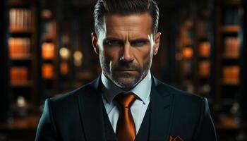 Confident businessman in suit, looking at camera with serious expression generated by AI photo
