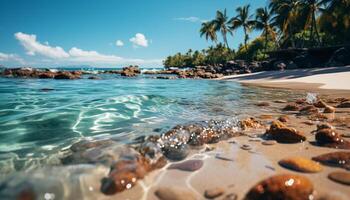 A tranquil summer coastline, waves crashing on sandy shores generated by AI photo