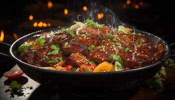 Grilled meat, cooked to perfection, served with fresh vegetables generated by AI photo