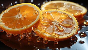 Freshness of citrus fruit, close up of wet lemon slice generated by AI photo