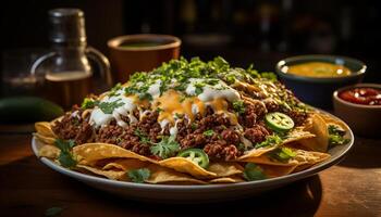 Freshness and spice on a plate, guacamole taco with meat generated by AI photo