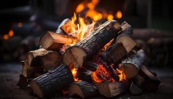 Glowing flames heat wood, creating a natural bonfire in nature generated by AI photo